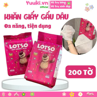 Khăn Giấy Lau Đa Năng Gấu Dâu LOTSO Bịch Lớn 200 Tờ Dùng Cả Tháng Mới Hết, Khăn Lau Mặt Dùng 1 Lần