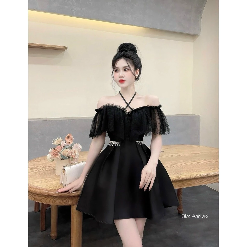 Đầm Thiết Kế Chất Taffa Với Vai Lưới Kèm Eo Đính Đá Doll Diva V54
