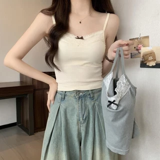 Áo Hai Dây Nữ Thun Tăm Viền Ren Đính Nơ Nhỏ Croptop Cao Cấp Vải Cotton Co Dãn Tốt Siêu Hot 007  phanngoc06