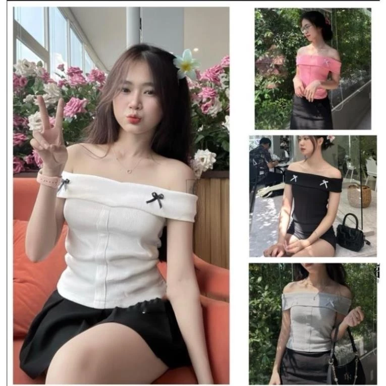 7 Áo Croptop Trễ Vai Đính Nơ, Áo Ôm Body Kiểu Nơ Dáng Ngắn Basic Phong Cách Dễ Thương Lanvender Fashion