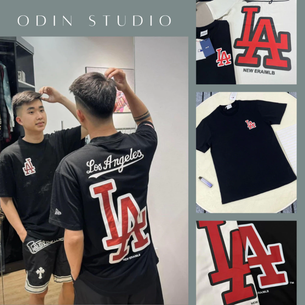 Áo thun nữ MLB logo LA chữ đỏ - Áo phông nữ form rộng cổ tròn vải cotton khô phong cách streetwear hot trend brand -ODIN