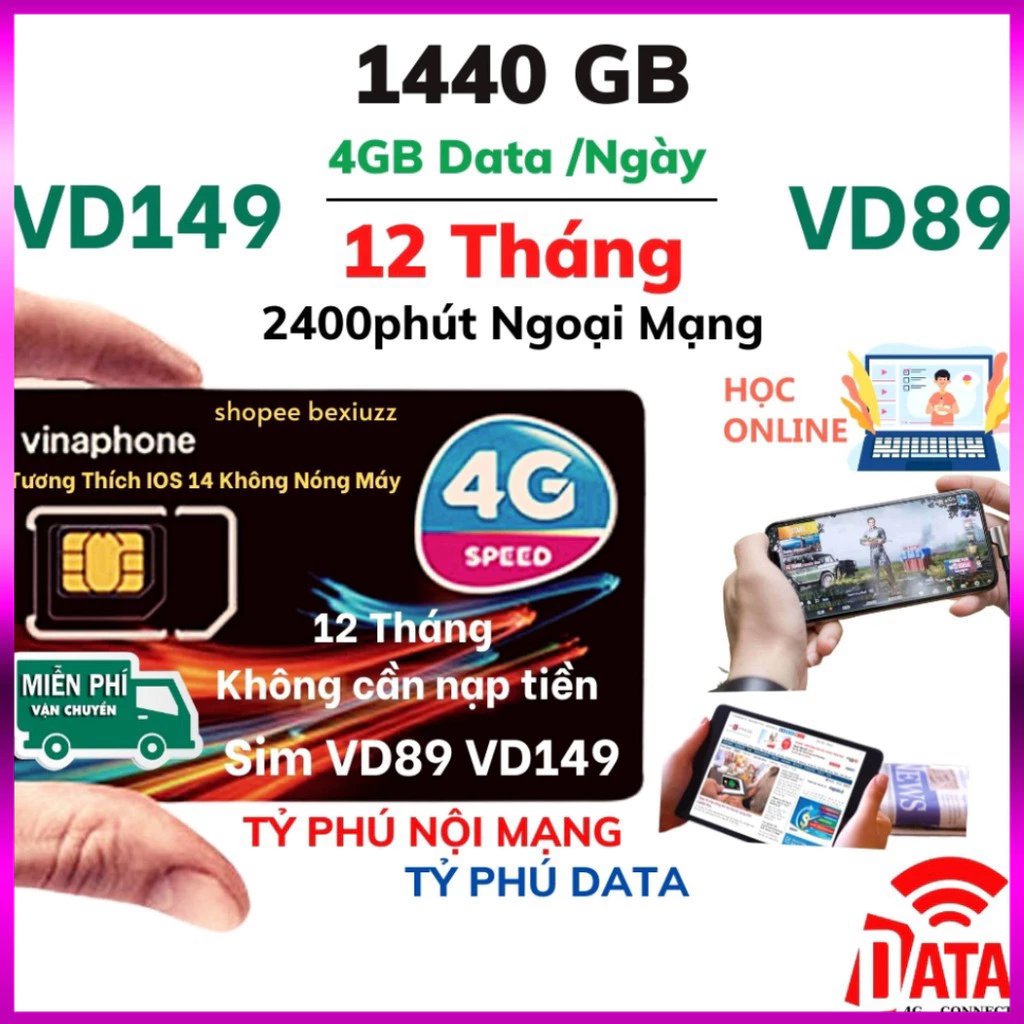 Sim 4G Vinaphone VD89 VD149 Miễn Phí Data 2GB - 4GB 1 Ngày Tốc Độ Cao Và Gọi 12 Tháng