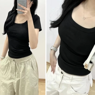 Áo Thun Nữ Cộc Tay Cổ Vuông Basic, Áo Croptop Trơn Dáng Ôm Body Chất Co Dãn 1