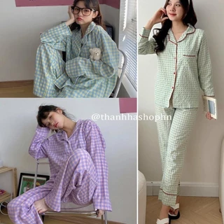 Đồ bộ nữ mặc nhà Pyjama dài tay đồ ngủ kẻ karo đũi thô nhăn cao cấp cho mùa thu đông