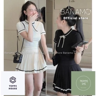 [AUTH] Set nữ BIGSIZE Banamo Fashion bộ áo len tăm cổ nơ cộc tay mix chân váy xếp ly phối viền 195