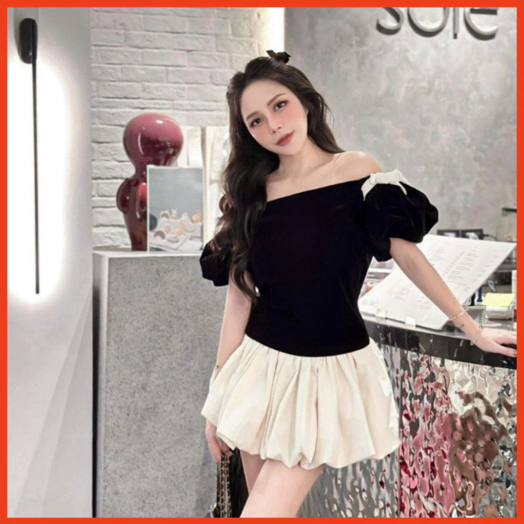 Set áo nhung trễ vai KMI BOUTIQUE kèm nơ xinh phối váy bí tôn eo siêu xinh dành cho nữ đi chơi dễ thương VD4