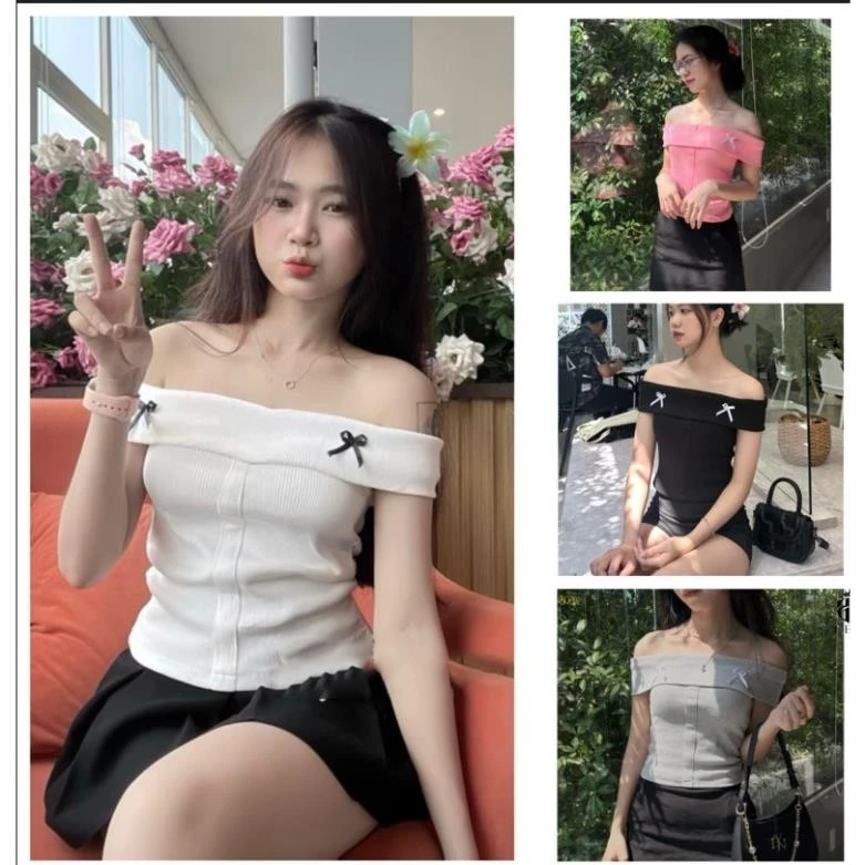 22 Áo Croptop Trễ Vai Đính Nơ, Áo Ôm Body Kiểu Nơ Dáng Ngắn Basic Phong Cách Dễ Thương Lanvender Fashion