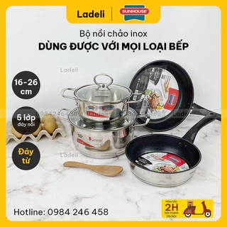 Bộ nồi chảo inox 5 đáy SUNHOUSE dùng được với bếp từ | LADELI 102