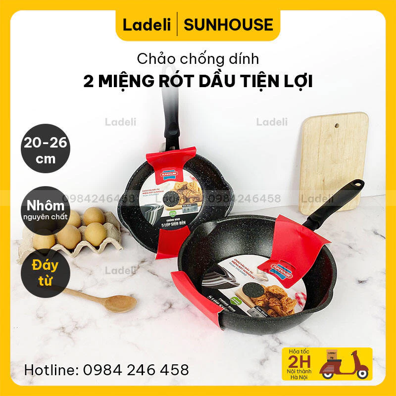 Chảo chống dính sâu lòng đáy từ miệng rót SUNHOUSE SHS20MRD / SHS26MRD size 20cm / 26cm dùng được với bếp từ