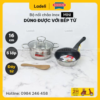 Bộ nồi chảo inox 5 đáy SUNHOUSE mini nấu đồ ăn dặm dùng được với bếp từ | LADELI 103