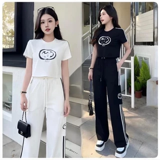 ( HÀNG QUẢNG CHÂU CAO CẤP) SET ÁO THUN CROPTOP CỔ TRÒN,   QUẦN LƯNG CAO DÂY RÚT – HỌA TIẾT SIÊU XINH ( CC140524410 )