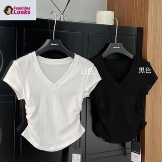 [Mã FADEP195 giảm đến 30k đơn từ 99k] ÁO TAY NGẮN CỔ V NHÚN SƯỜN BASIC, ÁO CROPTOP NỮ ĐẸP