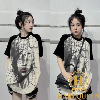 Áo phông Hotgirl môi đỏ phối tay raglan HARIQUEEN - Áo thun tay lỡ nam nữ unisex freesize form rộng 65kg chất cotton