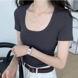 Áo Thun Nữ Cộc Tay Cổ Tròn Basic, Áo Croptop Trơn Dáng Ôm Body Chất Co Dãn Siêu Sang Chảnh A05