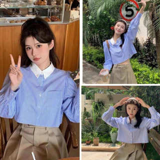 Áo Sơ Mi Nữ Kẻ Sọc Dáng Croptop Tay Bồng, Áo Sơ Mi Kẻ Sọc Cổ Sơ Mi Dài Tay Dáng Croptop Siêu Hot siêu dễ thương A25