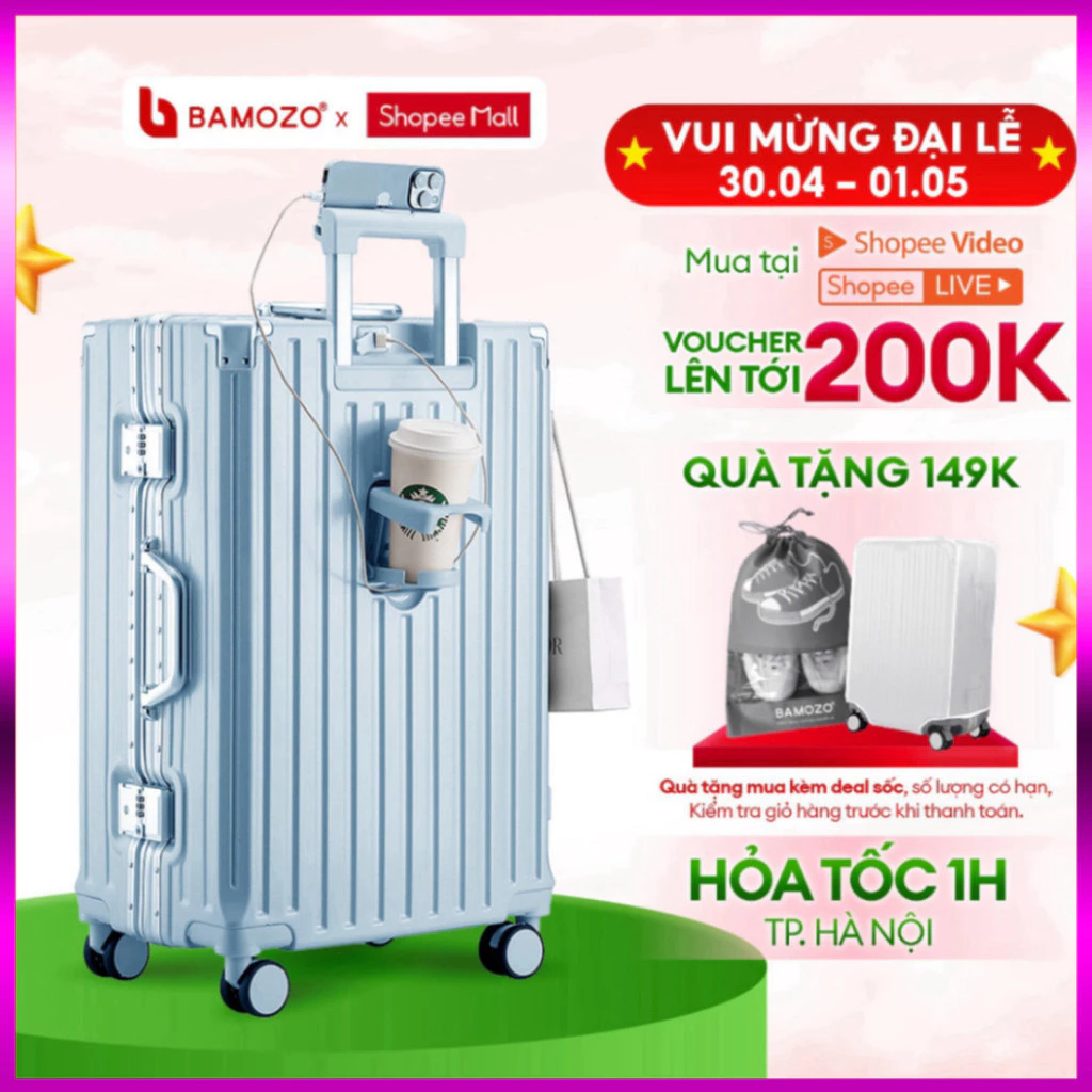 Vali Khung Nhôm 9066 Bamozo Size 28 Cao Cấp Bo 4 Góc Chống Va Đập Bảo Hành 5 Năm