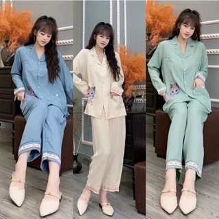 Bộ Bầu Pyjamas Mặc Nhà, Đồ Bầu Sau Sinh Mở Cúc Cho Con Bú và Quần Chun Chỉnh Bụng, Dài Tay