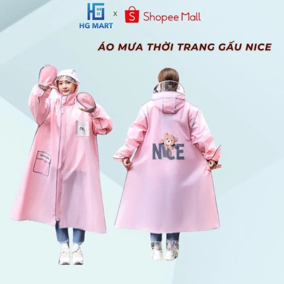 Áo Mưa Thời Trang HGMART In Hình Gấu Nice Thiết Kế Chân Dài Có Kính Chắn Mưa, Khoá Kéo Tiện Lợi