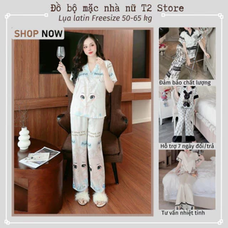 Đồ ngủ pijama nữ đồ mặc nhà lụa latin loại 1 mềm mịn T2 Store tay ngắn quần dài  họa tiết xinh xắn