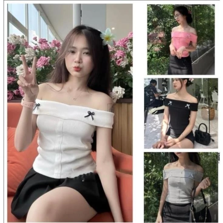 Áo Croptop Trễ Vai Đính Nơ, Áo Ôm Body Kiểu Nơ Dáng Ngắn Basic Phong Cách Dễ Thương Flora Fashion