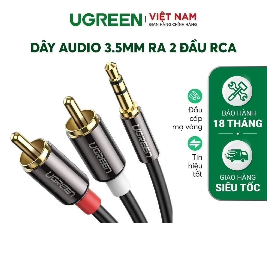 Dây Audio 3.5mm ra 2 đầu RCA (Hoa sen) UGREEN AV116 | Đầu nối mạ vàng 14K | Kết nối dễ dàng | Bảo Hành 18 Tháng 1 Đổi 1
