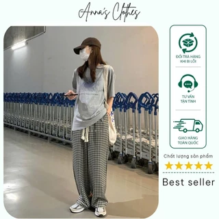 Quần ống rộng nữ kẻ caro Annas Clothes, quần ống suông nữ chất liêụ thô mềm mát full size