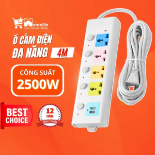 Ổ Cắm Điện USB Đa Năng Cao Cấp Chống Giật Dây Dài 4m, 2 Cổng Cắm USB Có Chốt An Toàn Tiện Dụng HOT HOT