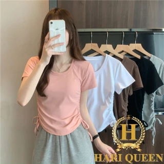 Áo thun nữ dáng babytee cổ tròn dây rút 2 bên hông phong cách Hàn Quốc HARIQUEEN