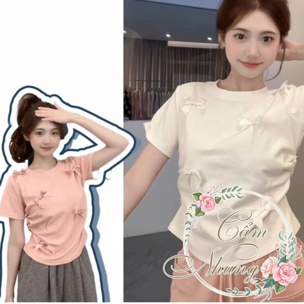 Áo croptop ôm body nữ bản trơn họa tiết đính nơ siêu xinh - Áo thun croptop ngắn tay cổ tròn 3 màu chất cotton co dãn