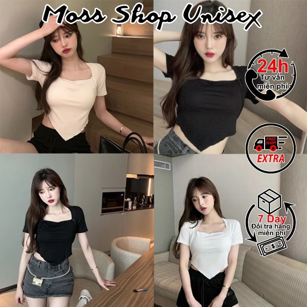 Áo croptop cổ vuông vạt tam giác ngắn tay siêu xinh MOSSSHOPUNISEX