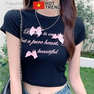 Áo thun croptop nữ ngắn tay in chữ Beautiful đính 3 nơ siêu xinh