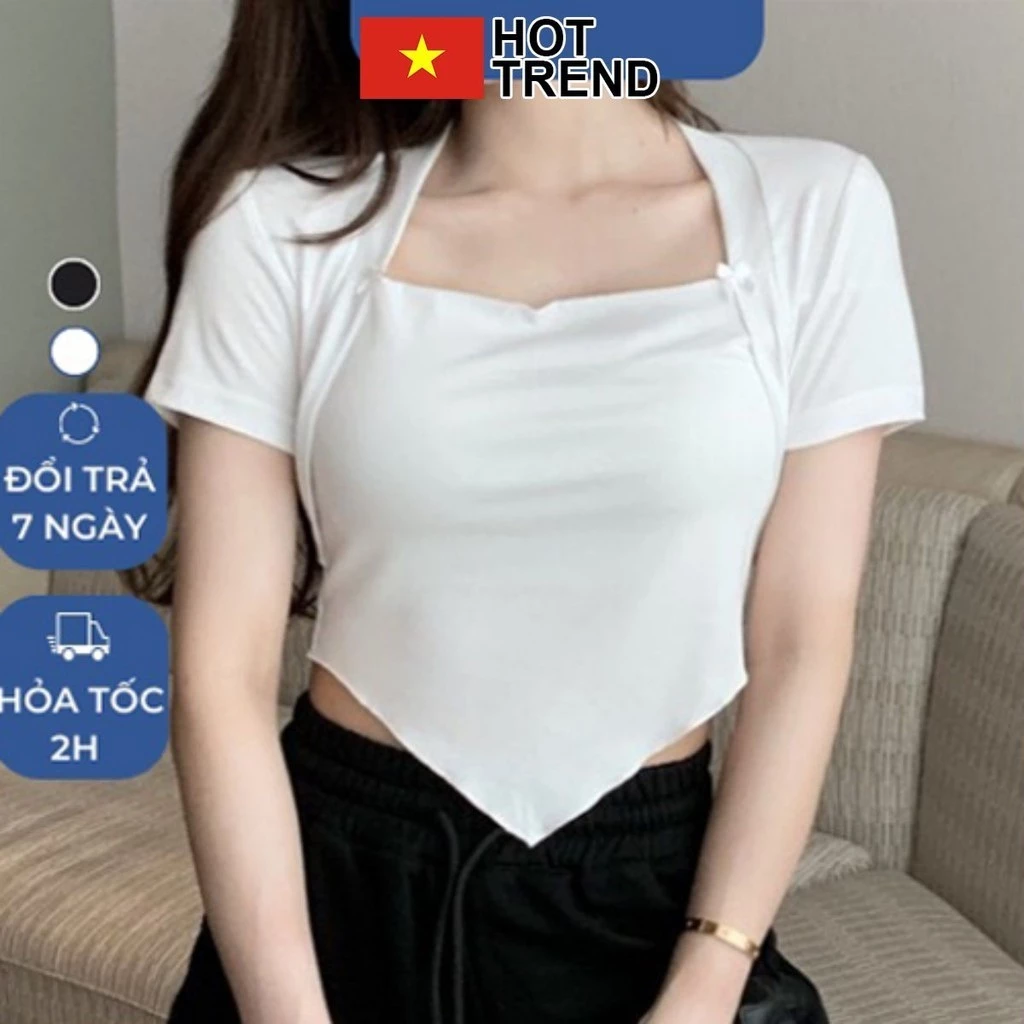 Áo Croptop Cổ Vuông Vạt Nhọn Ngắn Tay HOTTREND