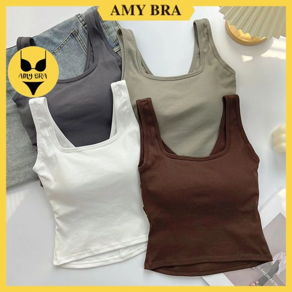 Áo Ba Lỗ Nữ Cotton Tăm Cổ Vuông Dáng Lửng - Áo Bra Nữ Dây Bản To Màu Cơ Bản Dễ Phối Đồ AMYBRA B1369