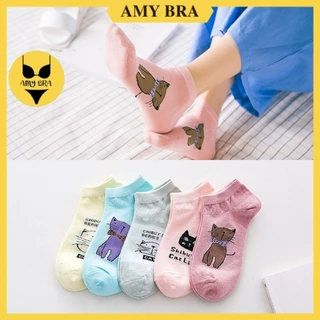 Combo 5 đôi tất cổ thấp màu sắc pastel họa tiết đáng yêu, Vớ nữ cotton mềm mại co giãn AMYBRA T5672