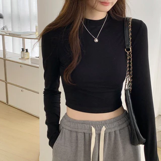 Áo croptop nữ tay dài cổ tròn vải thun coton co giãn 4 chiều kiểu basic dáng ôm body màu đen đẹp