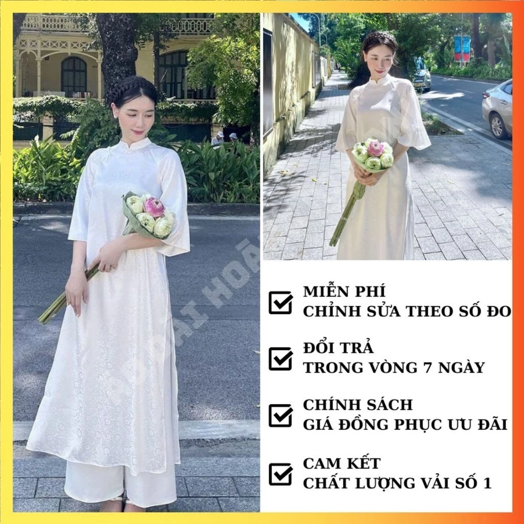 Áo dài thiết kế cách tân tay lỡ vải lụa gấm màu Trắng cao cấp, Áo dài dáng suông cổ tròn áo dài nữ đẹp