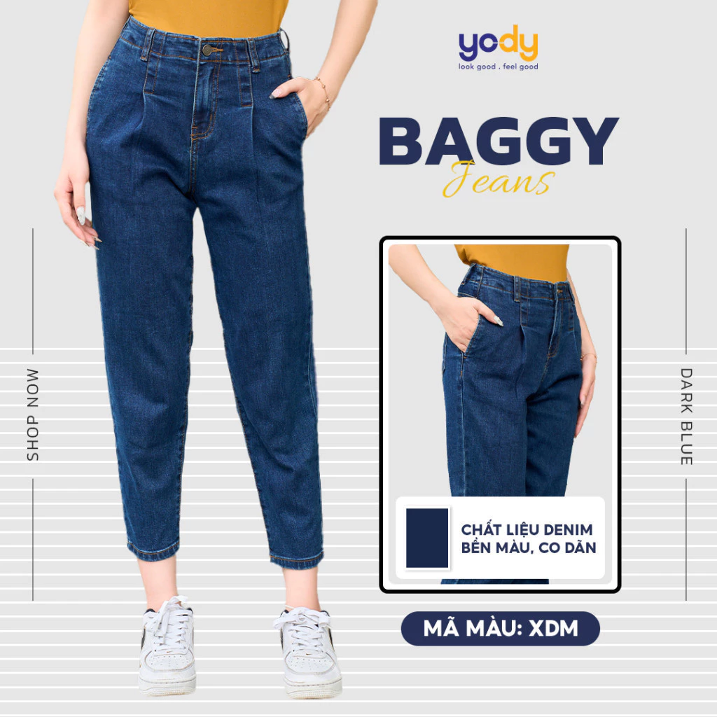 Quần jean Yody nữ kiểu dáng baggy , quần bò cạp liền co giãn QJN3076