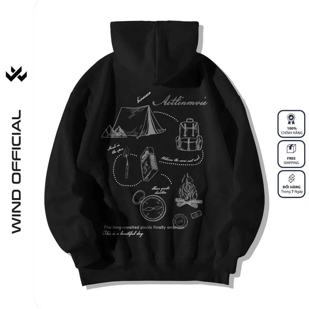 Áo hoodie unisex form rộng WIND Cắm Trại nỉ Bông thời trang nam oversize thu đông