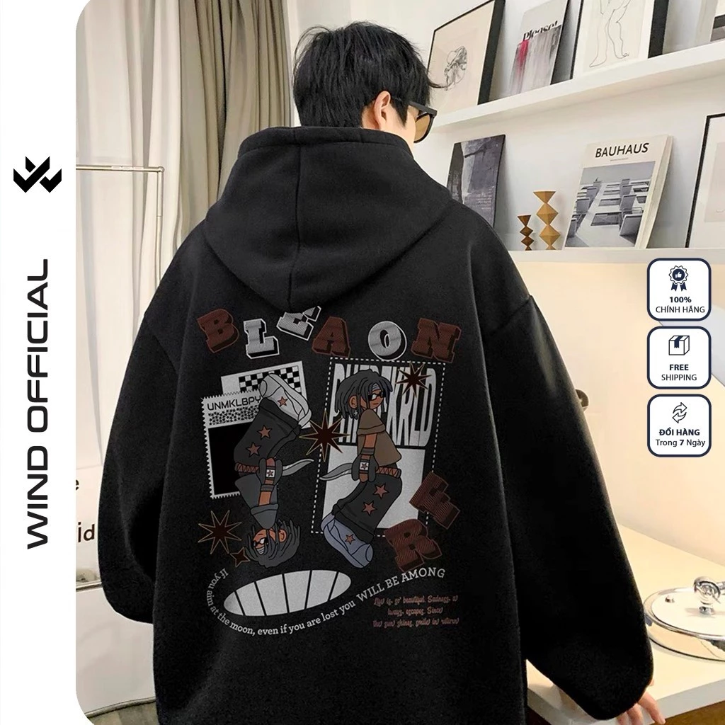 Áo Hoodie unisex form rộng WIND nỉ bông BLEAON thời trang thu đông nam oversize