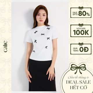 Áo dệt kim nữ ngắn tay đính nơ nữ tính CALIE chất Cotton AF138