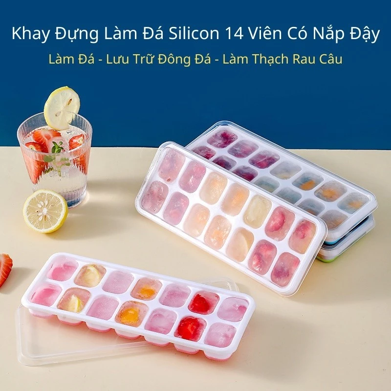 Khay Đá Có Nắp Đậy Silicon 14 Viên, Khay Đựng Đá Tủ Lạnh, Làm Đá Thạch Kem Bảo Quản Chống Mùi Tuyệt Đối - FL02
