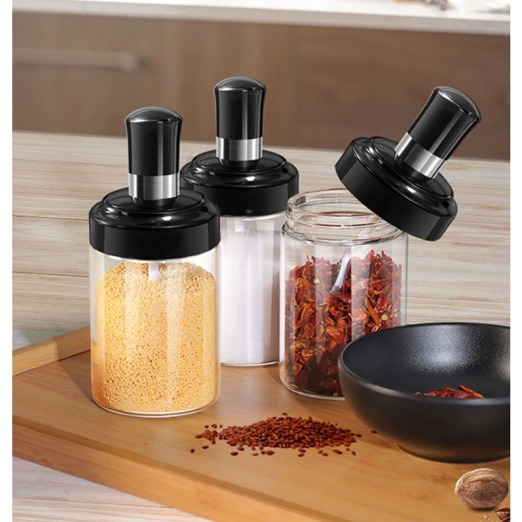 Lọ đựng gia vị thuỷ tinh cao cấp có thìa tiện lợi, hũ đựng gia vị thuỷ tinh kiểu dáng hiện đại kèm thìa múc