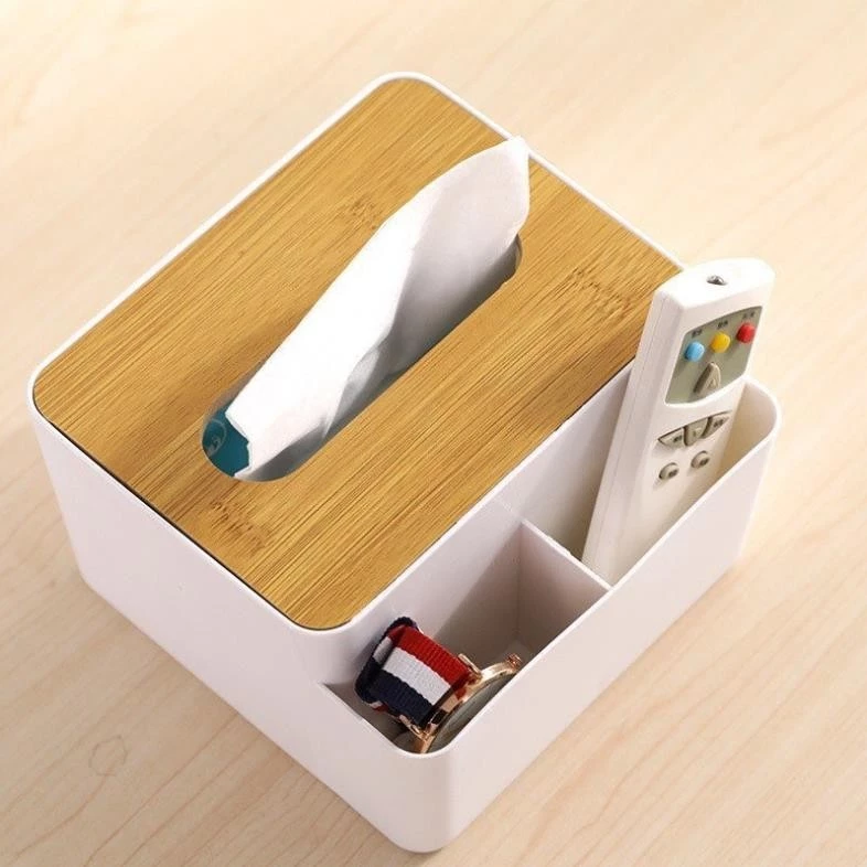 Hộp Đựng Giấy Ăn Để Bàn Có Ngăn Để Đồ Đa Năng, Hộp Giấy Ăn Nắp Gỗ