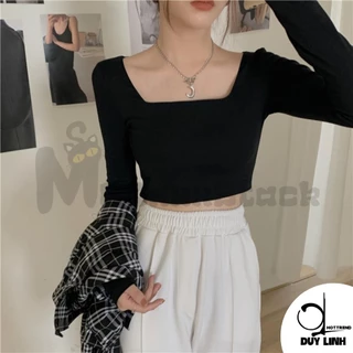 Áo croptop nữ tay dài cổ vuông MeoxxxStack ngực may 2 lớp chống lộ, áo ôm body  tôn dáng chất vải dày dặn co giãn ADT6