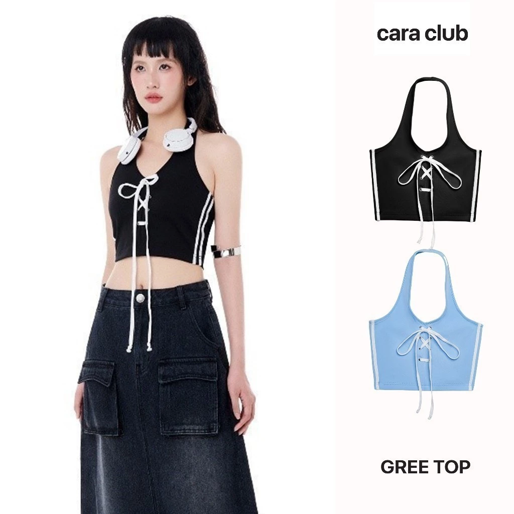 CARA Áo croptop cổ yếm nữ Gree phối sọc thắt dây năng động