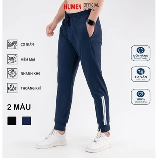 Quần JOGGER nam thể thao PHỐI SỌC HUMEN chất vải gió co giãn, bo ống pha viền trắng, vận động thoải mái.