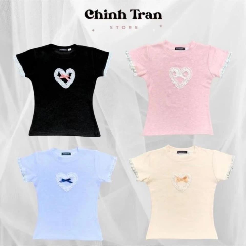 26 Áo Thun Baby Tee Phối Ren Tim Dễ Thương, Áo Thun Nữ Form Ôm Phong Cách Hàn Quốc