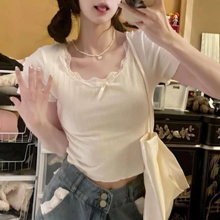 [FreeShip] Áo thun croptop tay ngắn phối nơ xinh xắn Hàng Loại 1 Dễ Phối đồ A38