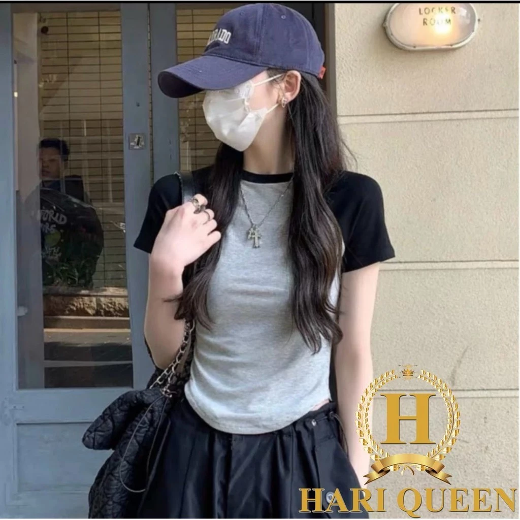 Áo babytee trơn tay raglan HARIQUEEN - Áo croptop body phối tay chất cotton co dãn nhẹ mát