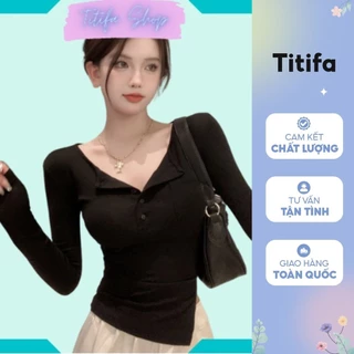 Áo thun nữ tay dài vạt nhọn xẻ tà cúc đóng trước thời trang, chất vải thun mềm mại - Titifa Shop